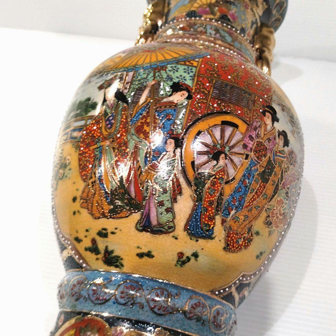 薩摩焼 金襴手 金彩 色絵 色錦 豪華絢爛 武者図 美人画 飾り壺 古美術 花器