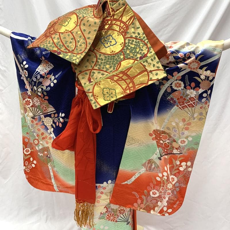 505ag17,赤いしごき■七五三 七歳 女児 着物&袋帯&長襦袢 扇 萩■