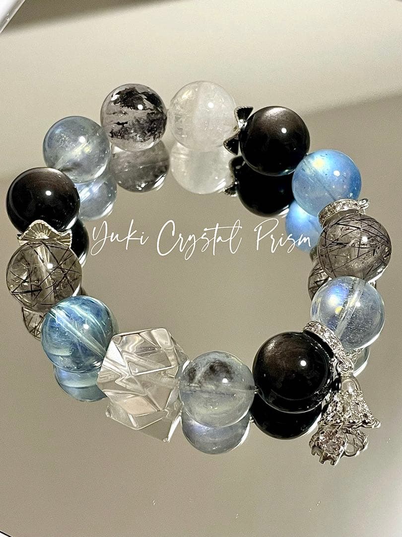 アクアマリン×ブラックルチルクォーツ×シルバーオブシディアン　天然石ブレスレット