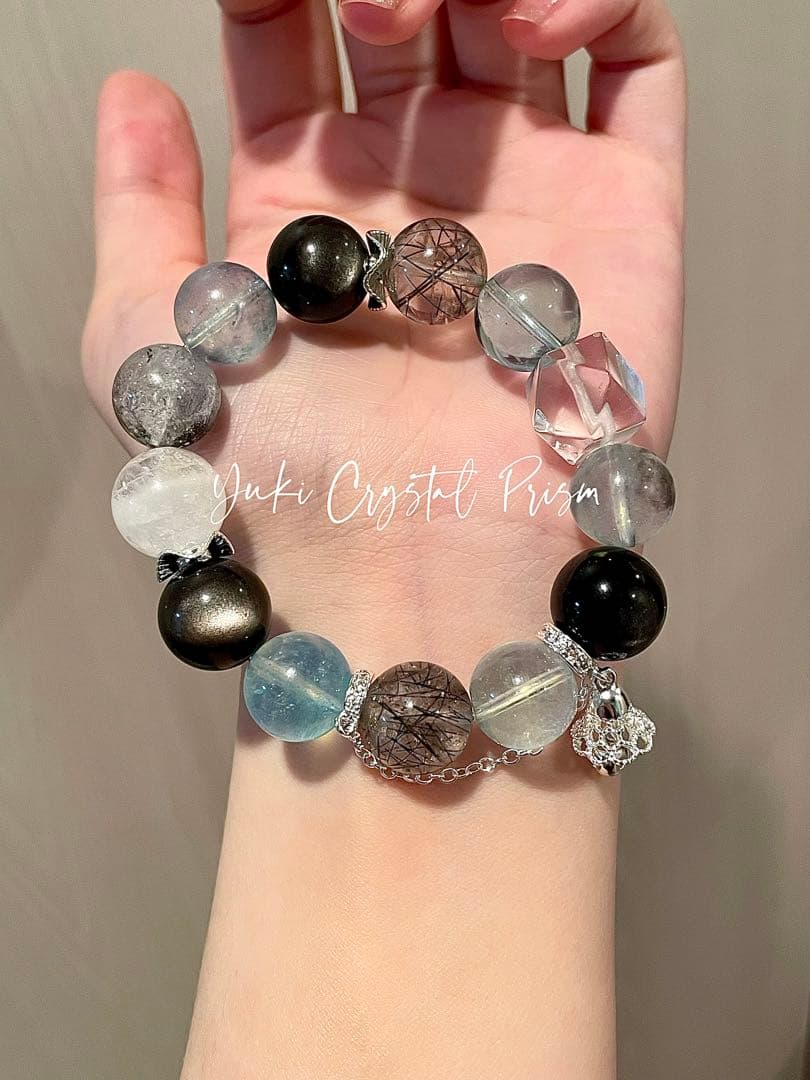 アクアマリン×ブラックルチルクォーツ×シルバーオブシディアン　天然石ブレスレット