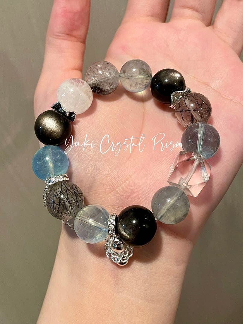 アクアマリン×ブラックルチルクォーツ×シルバーオブシディアン　天然石ブレスレット