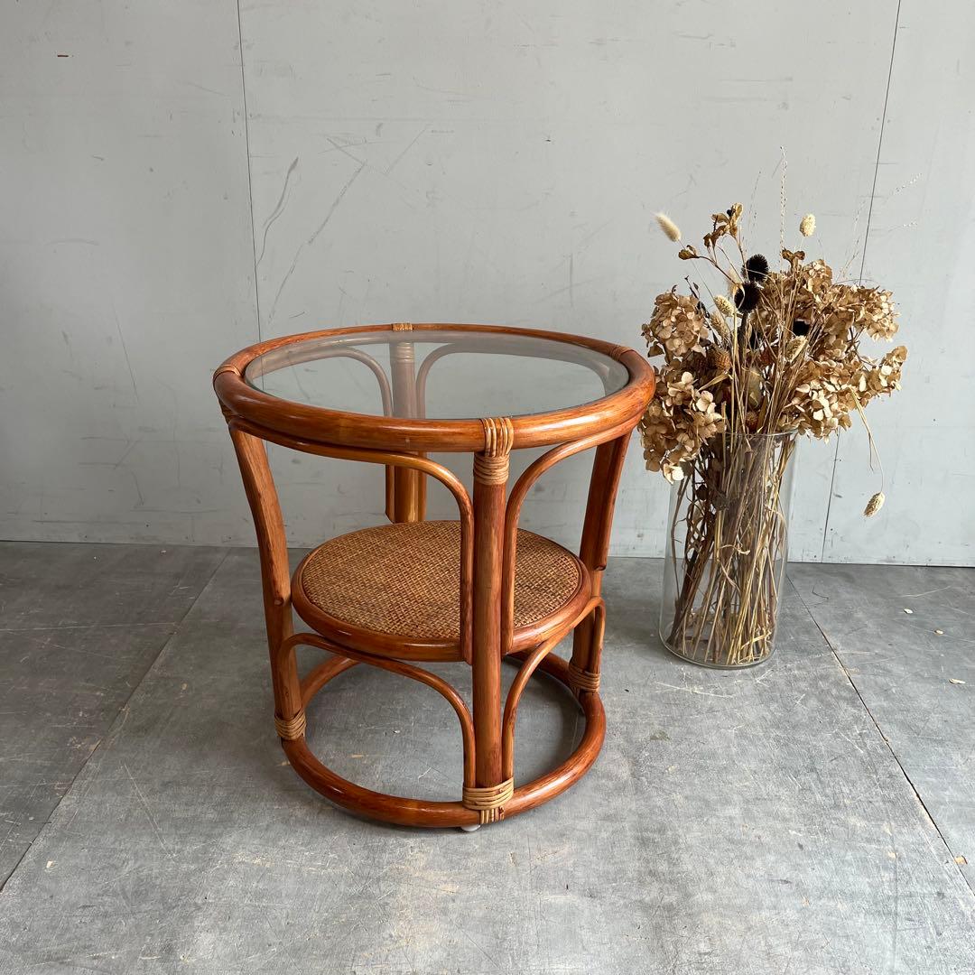 ヴィンテージ ガラス ラタン 籐 テーブル レトロ 丸 ラウンド z372