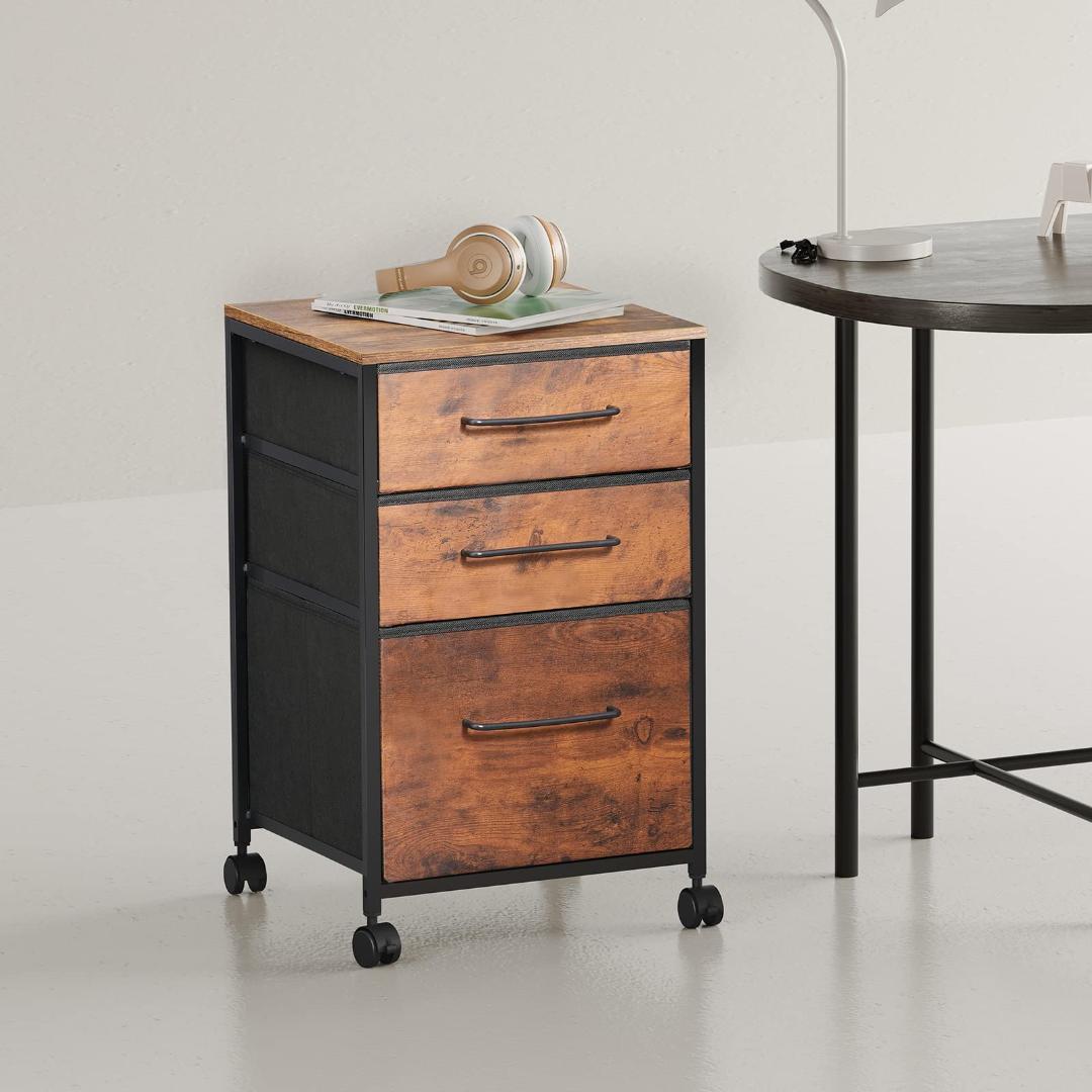 茶 3段収納 使い勝手抜群 キャビネット デスクワゴン