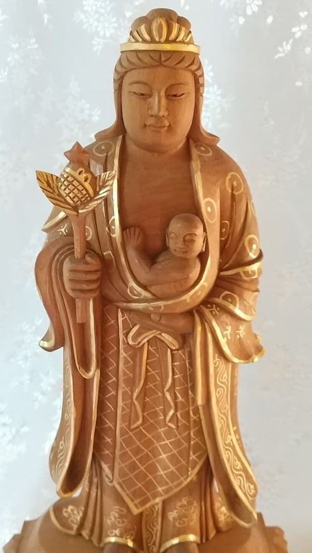 鬼子母神立像 天女形 訶梨帝母 子安 子授け 安産 守り神 木彫 仏像#507