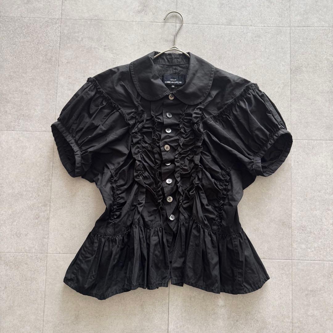 トリココムデギャルソン　フリルシャツ　丸襟　シェルボタン　縮絨　AD2015　黒