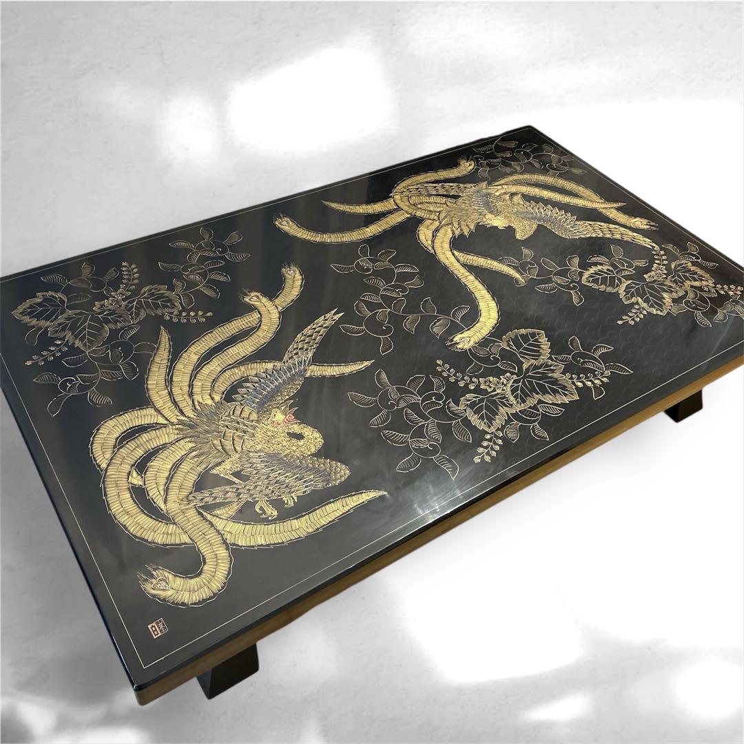 座卓 テーブル 鳳凰 不死鳥 フェニックス 高級 座敷机 螺鈿 ローテーブル 黒