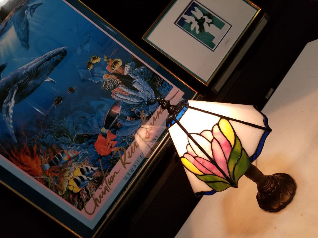 ヴィンテージ　フレンチ　プレート　抽象　花柄　フラワー　ステンドグラス　ランプ