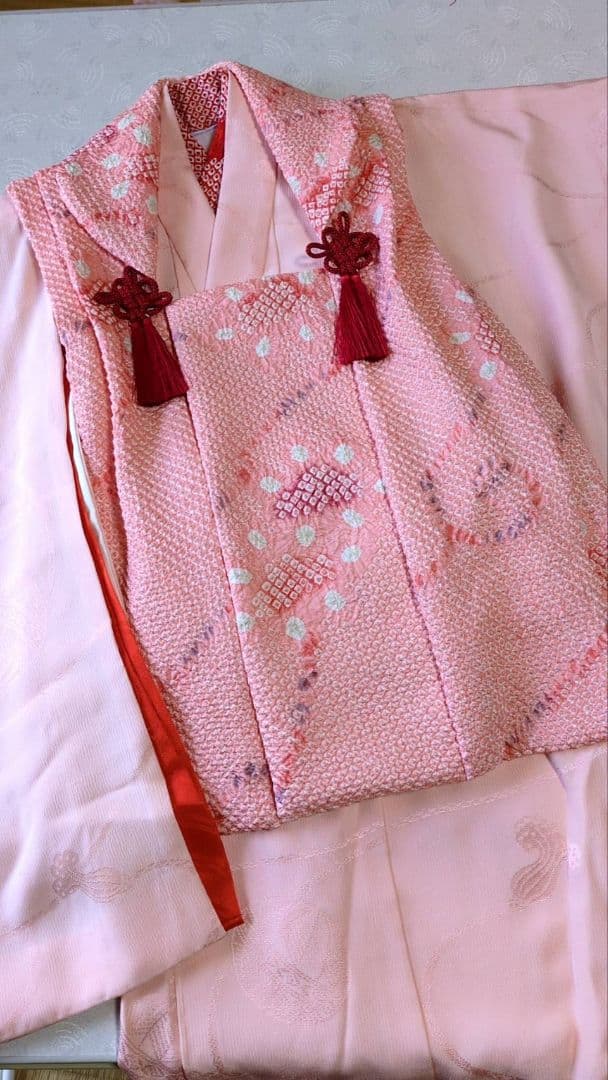 七五三３歳着物と正絹総絞りの被布(袖無し肌襦袢付き）パステルカラー