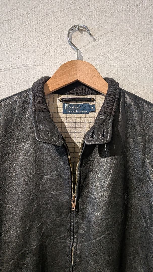 90年代希少　ラルフローレン　ブラックラムレザー　スタンドカラーレザージャケット