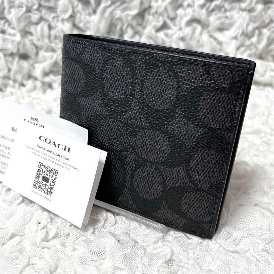 新品未使用✨COACH 二つ折り財布 ブラック モノグラム　コーチ　小銭入れ付き