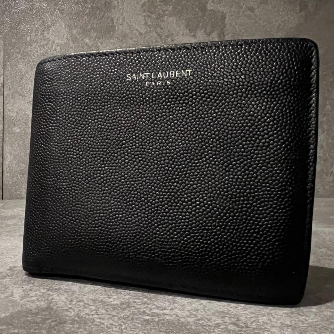 ⭐️サンローラン⭐️ 二つ折り財布 グレインレザー ブラック ロゴ刻印