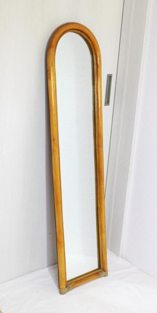 籐ラタン 大型ミラー 鏡 壁掛け アーチ型 全身 姿見 アンティーク