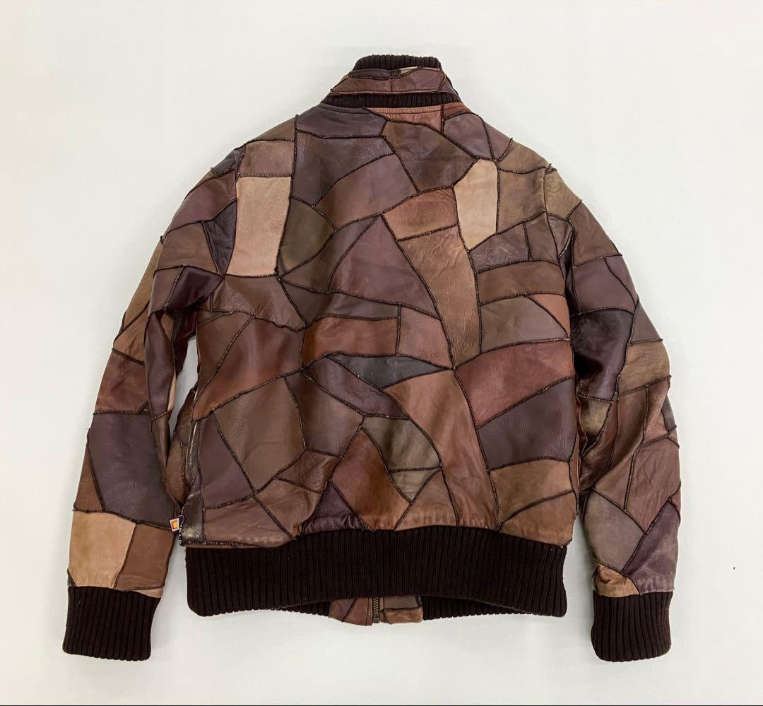 Y2K パッチワーク レザー ジャケット ブラウン 古着 裏地ファー