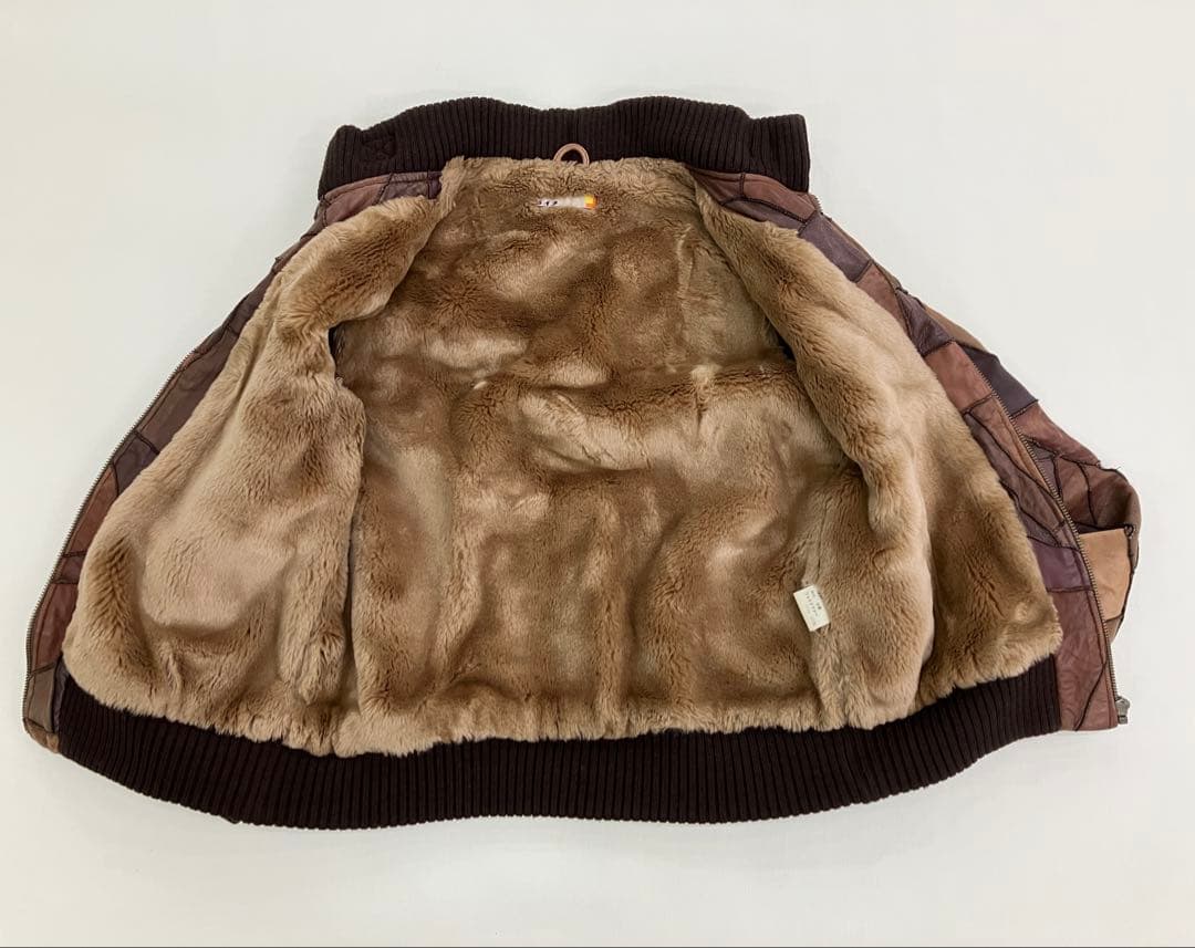 Y2K パッチワーク レザー ジャケット ブラウン 古着 裏地ファー