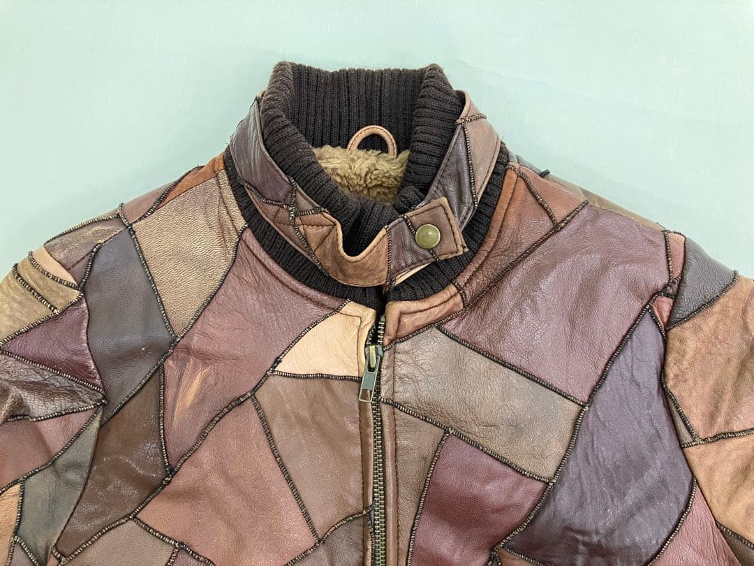 Y2K パッチワーク レザー ジャケット ブラウン 古着 裏地ファー