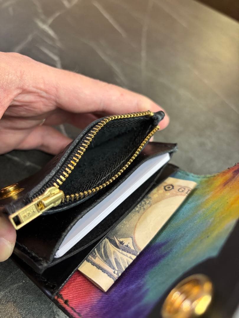 ショートトラッカーウォレット　レザー ミニ財布 黒・タイダイ　ハンドメイド