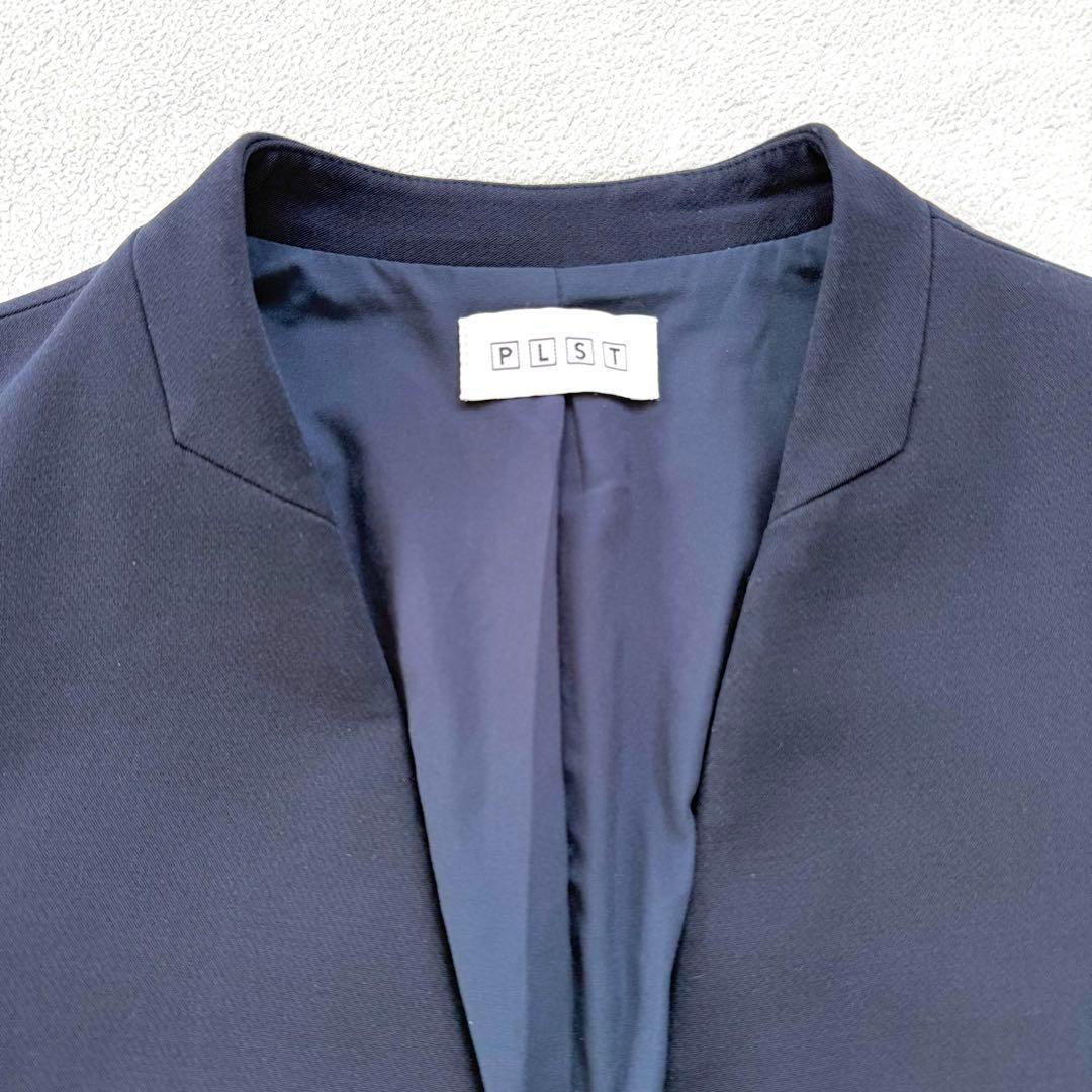 秋冬生地・L✨プラステ ノーカラー パンツ スーツ セットアップ ネイビー