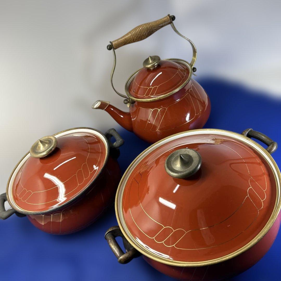 赤いセラミック鍋セット 2鍋1ケトル ヴィンテージの鍋