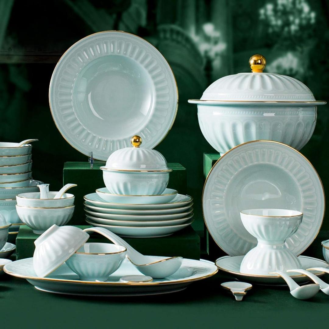 クラシック陶器食器ディナーセット・56ピースギフトボックスレリーフ青磁食器セット