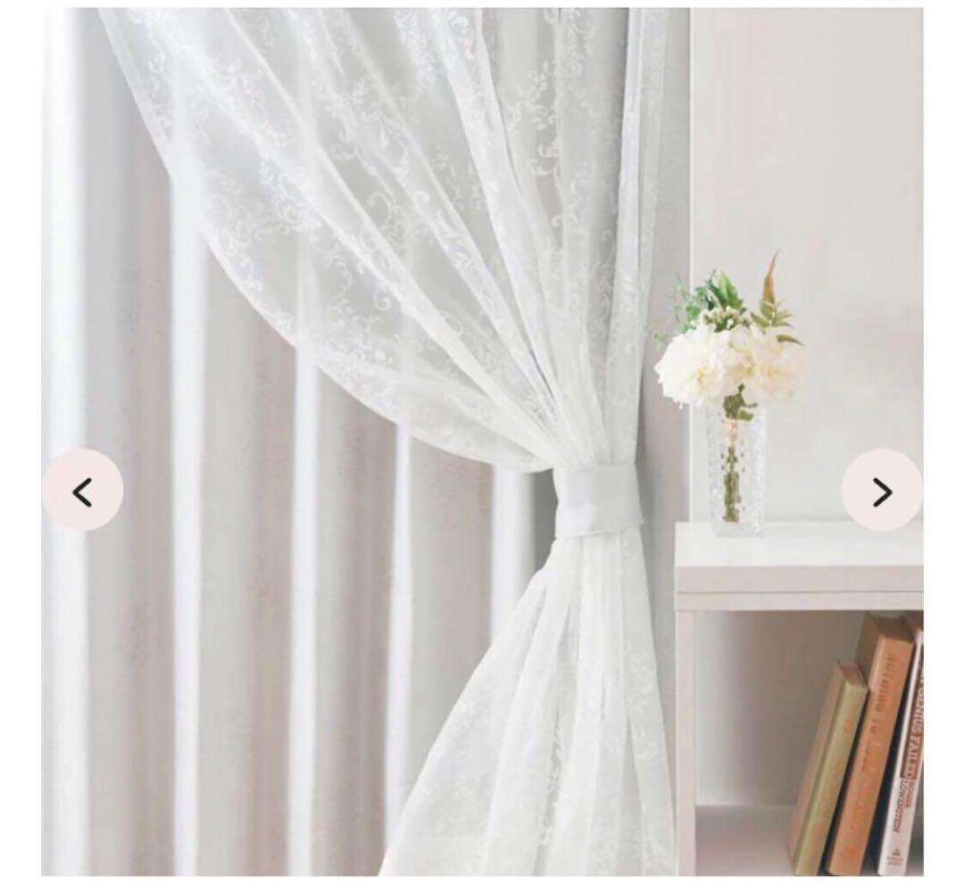 ホワイト・ダークグレー レース付きカーテン