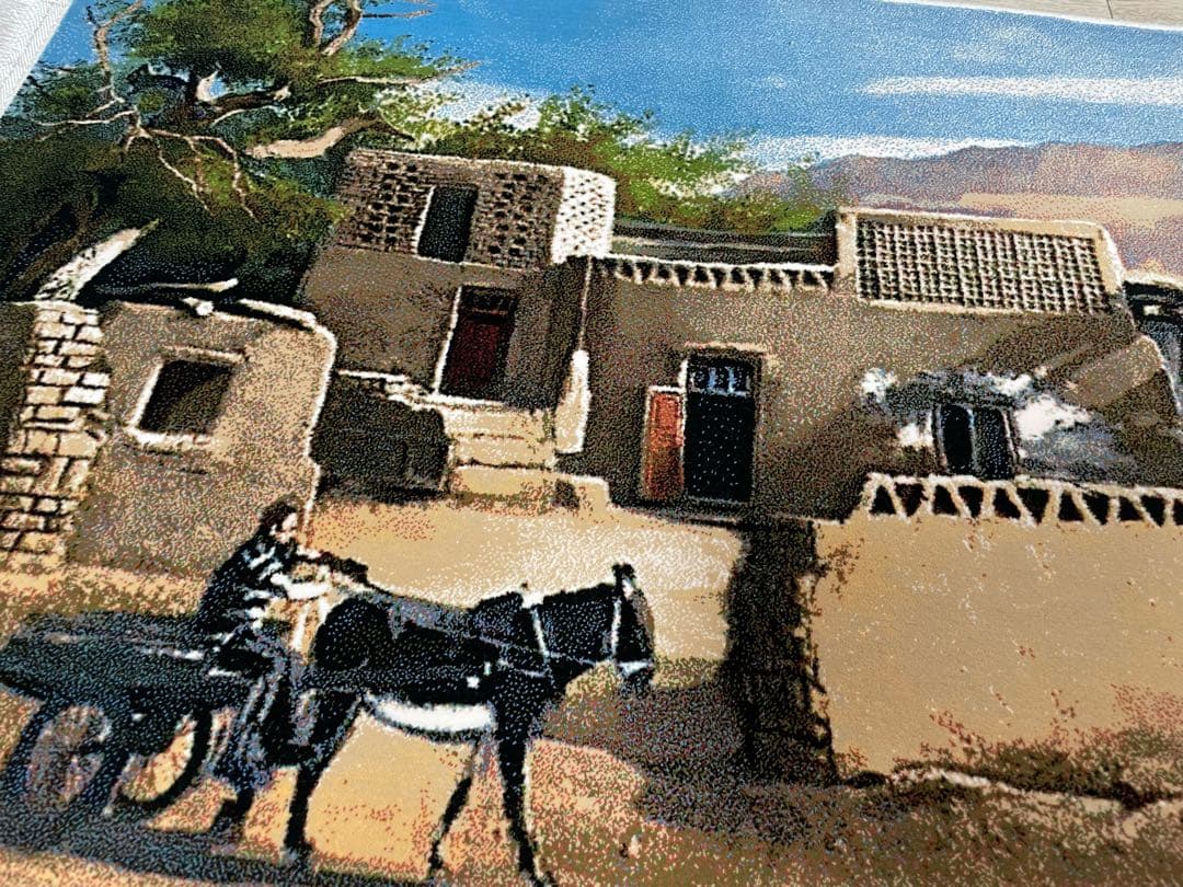 【新品】100%ウール絨毯　壁掛け絨毯　トルファン　景色　村　額縁　レトロ