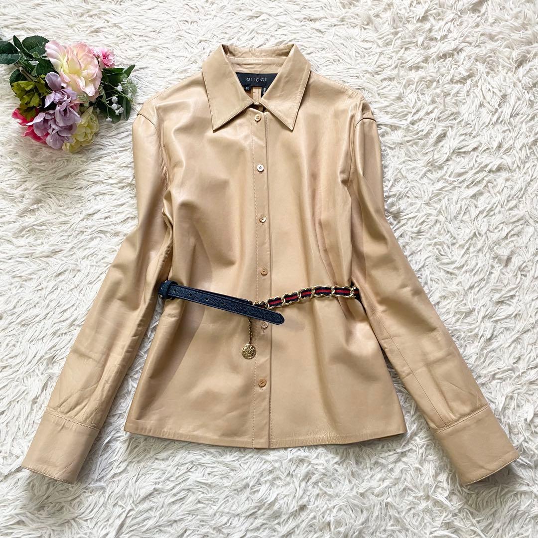 極美品■グッチ　ラムレザー　羊革　シャツ風ジャケット　羽織り　ベージュ　40