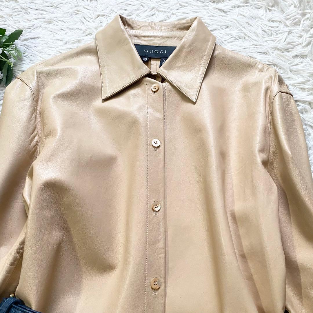 極美品■グッチ　ラムレザー　羊革　シャツ風ジャケット　羽織り　ベージュ　40