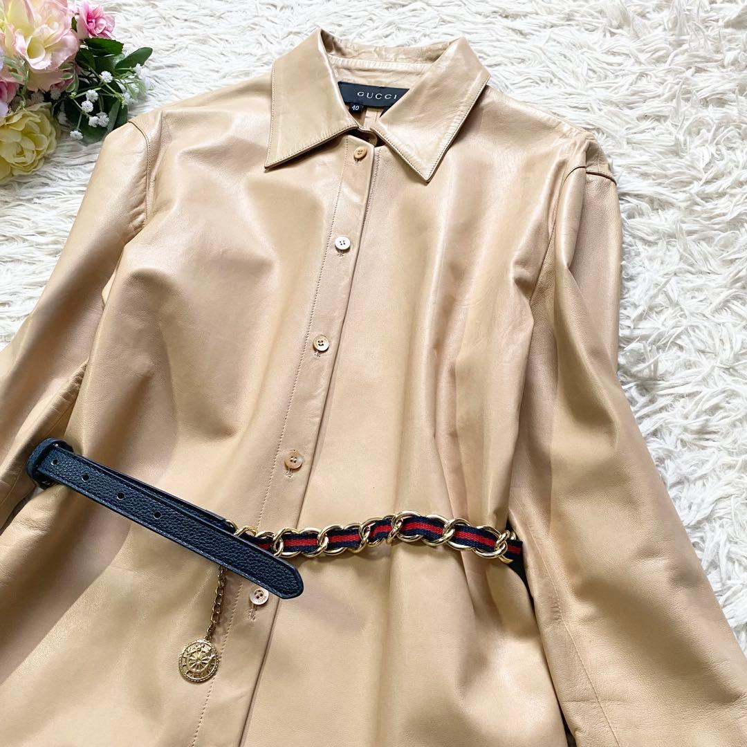 極美品■グッチ　ラムレザー　羊革　シャツ風ジャケット　羽織り　ベージュ　40
