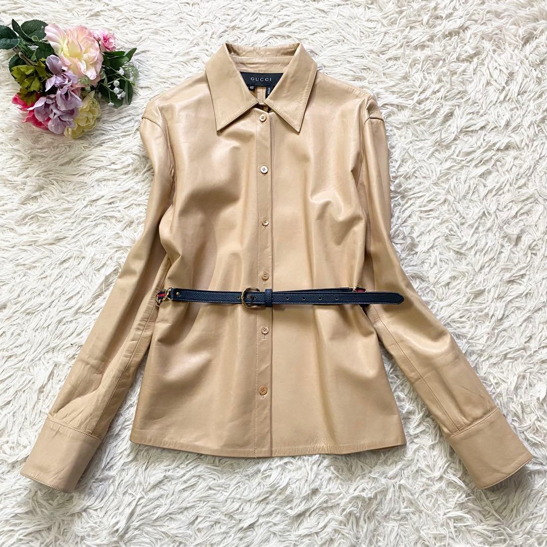 極美品■グッチ　ラムレザー　羊革　シャツ風ジャケット　羽織り　ベージュ　40