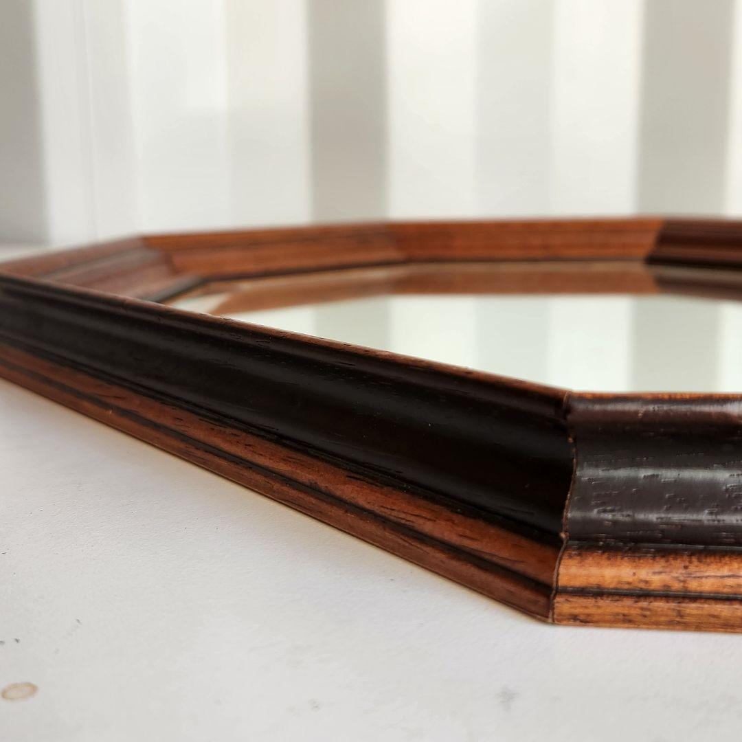 イタリア製　ヴィンテージ　ウォールナット　8角形　ウォールミラー 壁掛け鏡