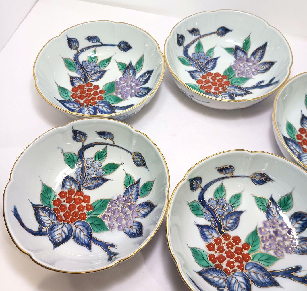 Y3311-3 大明年製 染錦紫陽花文輪花絵鉢 5枚セット 共箱