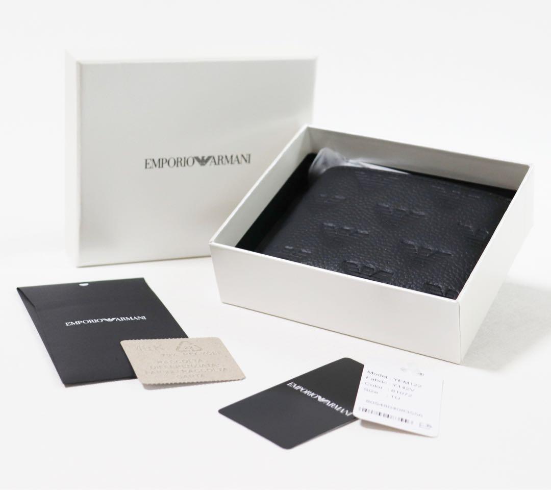 《エンポリオアルマーニ》箱付新品 イーグルロゴ総柄 立体ロゴ レザー2つ折り財布