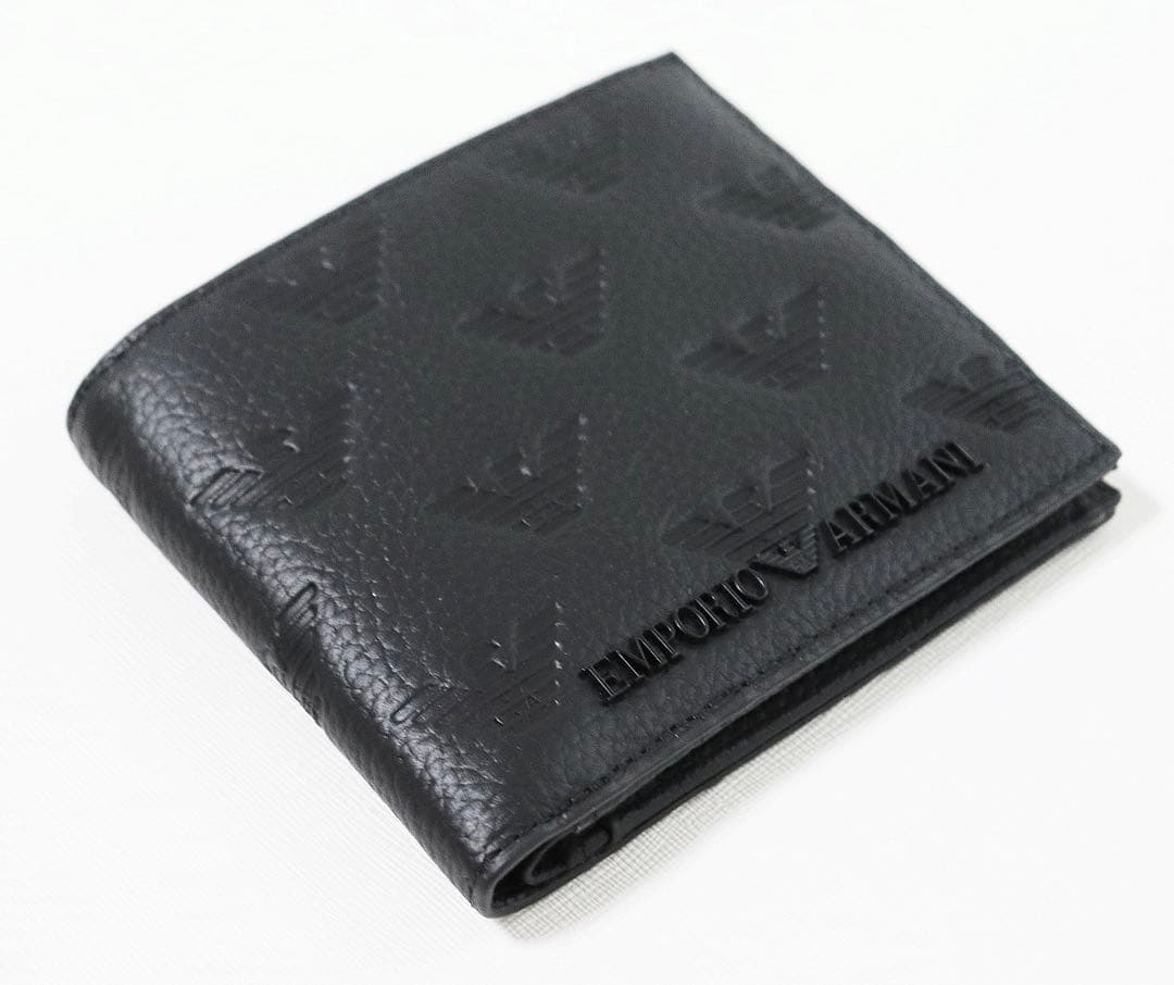 《エンポリオアルマーニ》箱付新品 イーグルロゴ総柄 立体ロゴ レザー2つ折り財布