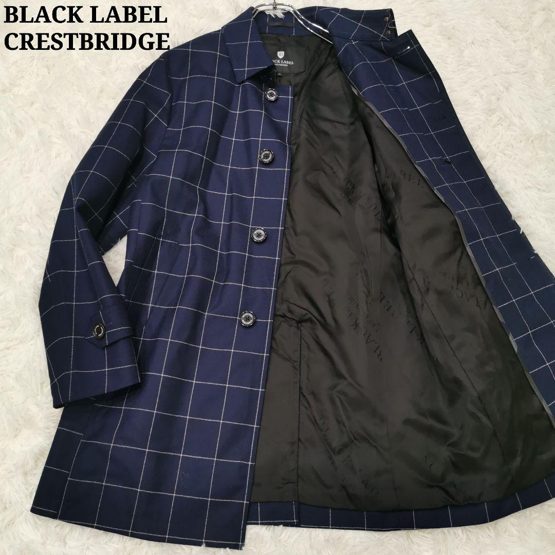 極美品 ブラックレーベルクレストブリッジ チェック ステンカラーコート 紺 M