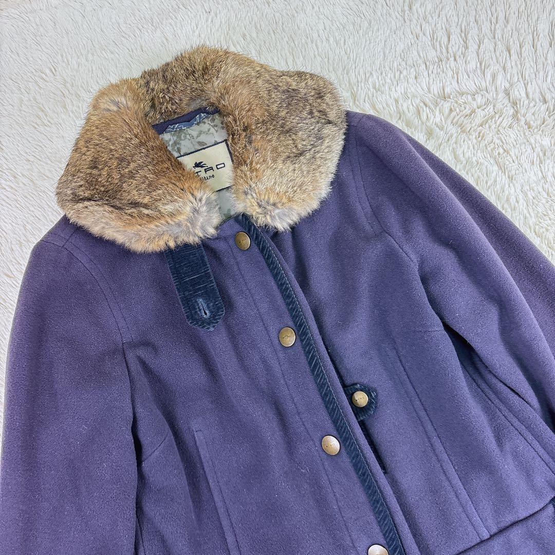 ETRO ロングコート　ラビットファー　カシミヤ ペイズリー柄　金ボタン　S