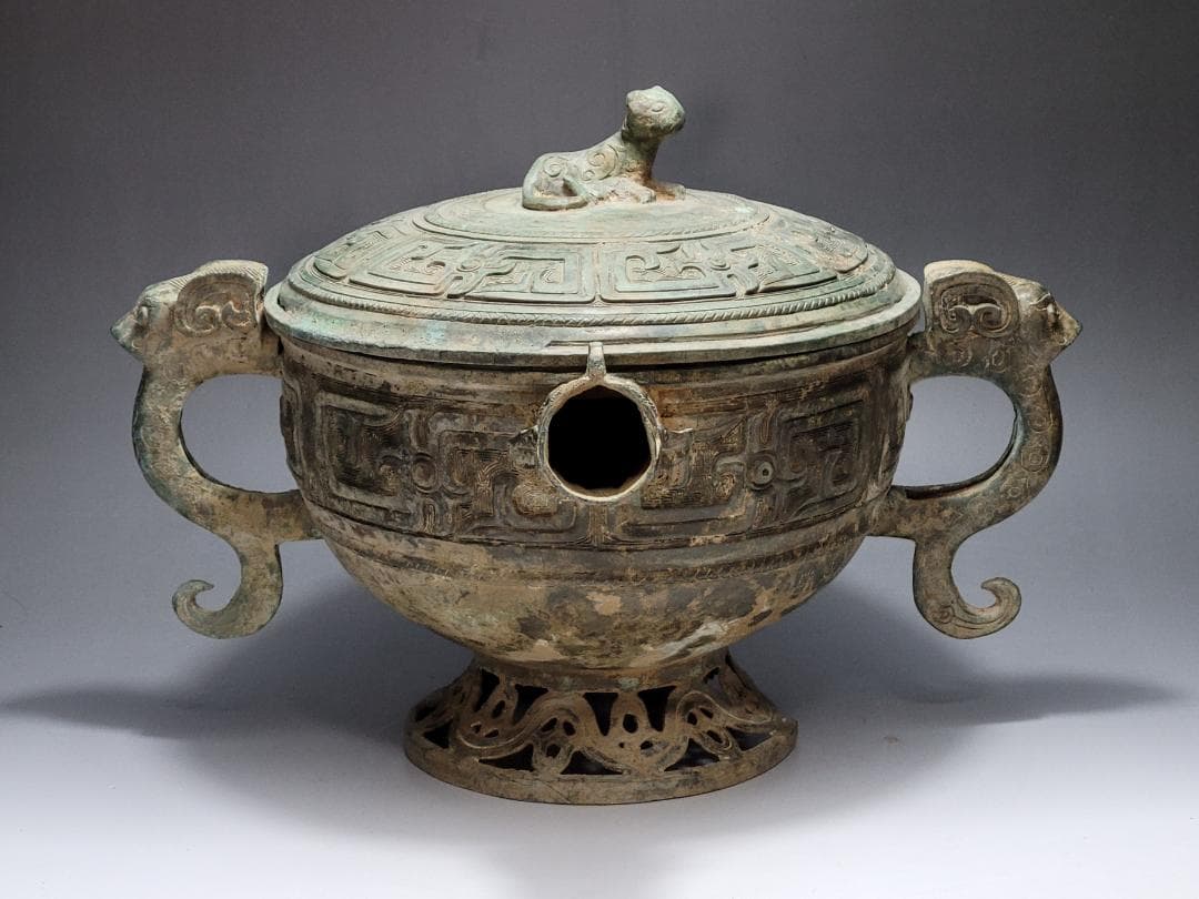 古青銅造 饕餮紋 神獣蓋、両耳装飾 香炉 唐宋時代 幅約36.3cm