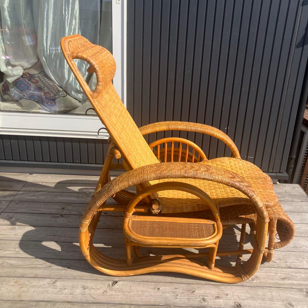 昭和レトロ ラタンリクライニングチェア オットマン付き 1人掛けソファー 古家具