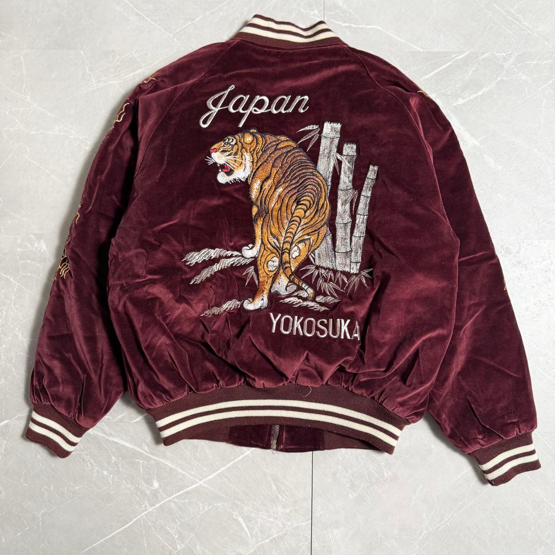 80s スカジャン　別珍　ROSEジッパー　Mサイズ　刺繍　横須賀