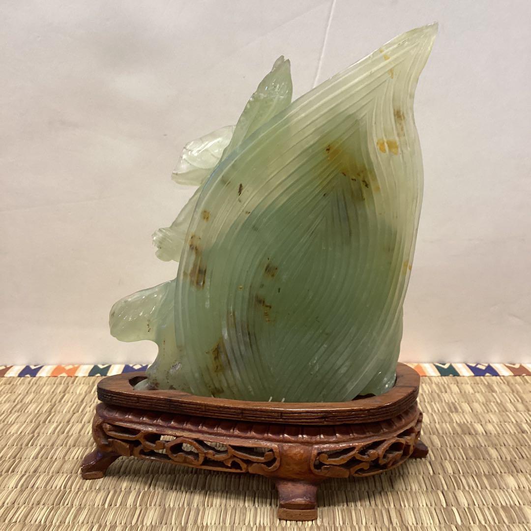 翡翠 置物 緑色 木製台座 約15cm