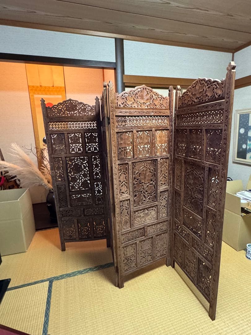 アジアン家具　4連パーテーション　衝立　透かし　アンティーク