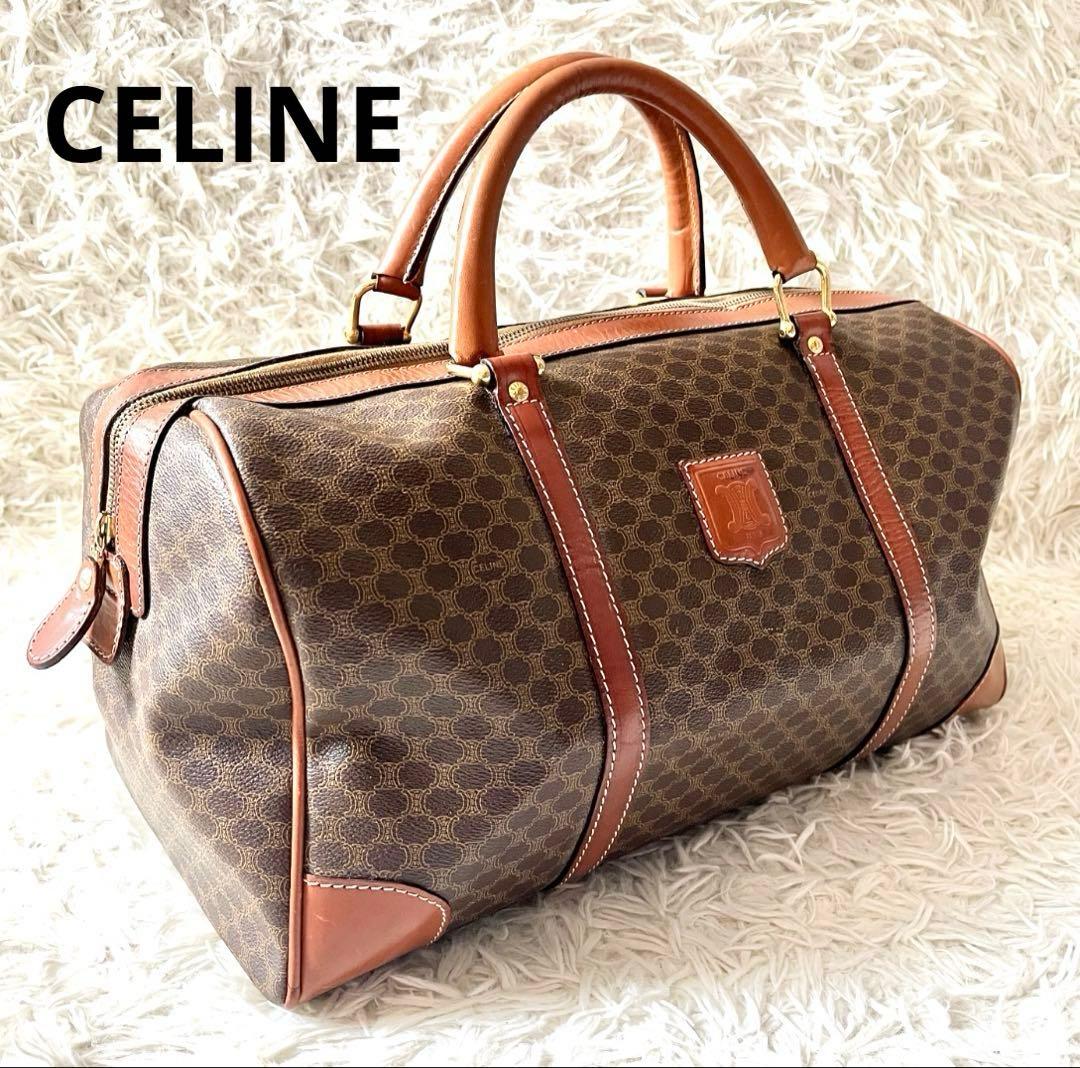 【美品】CELINEマカダム柄 ボストンバッグ PVC×レザー ダークブラウン