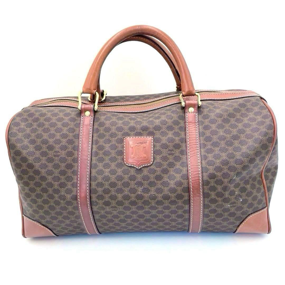 【美品】CELINEマカダム柄 ボストンバッグ PVC×レザー ダークブラウン