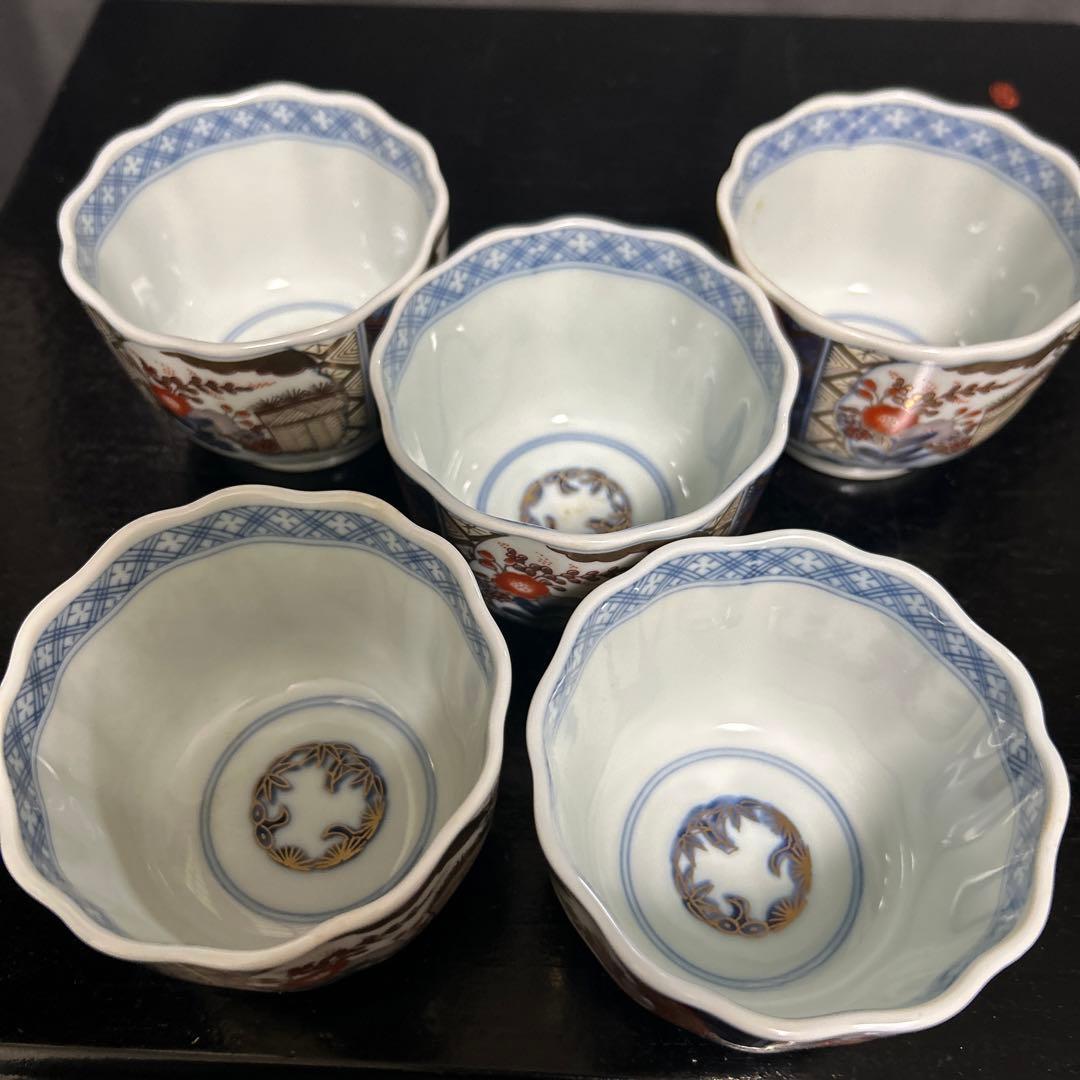 有田焼　龍峯窯　古伊万里　染付色絵金襴手　赤絵窓絵草花　小鉢　輪花鉢　蕎麦猪口
