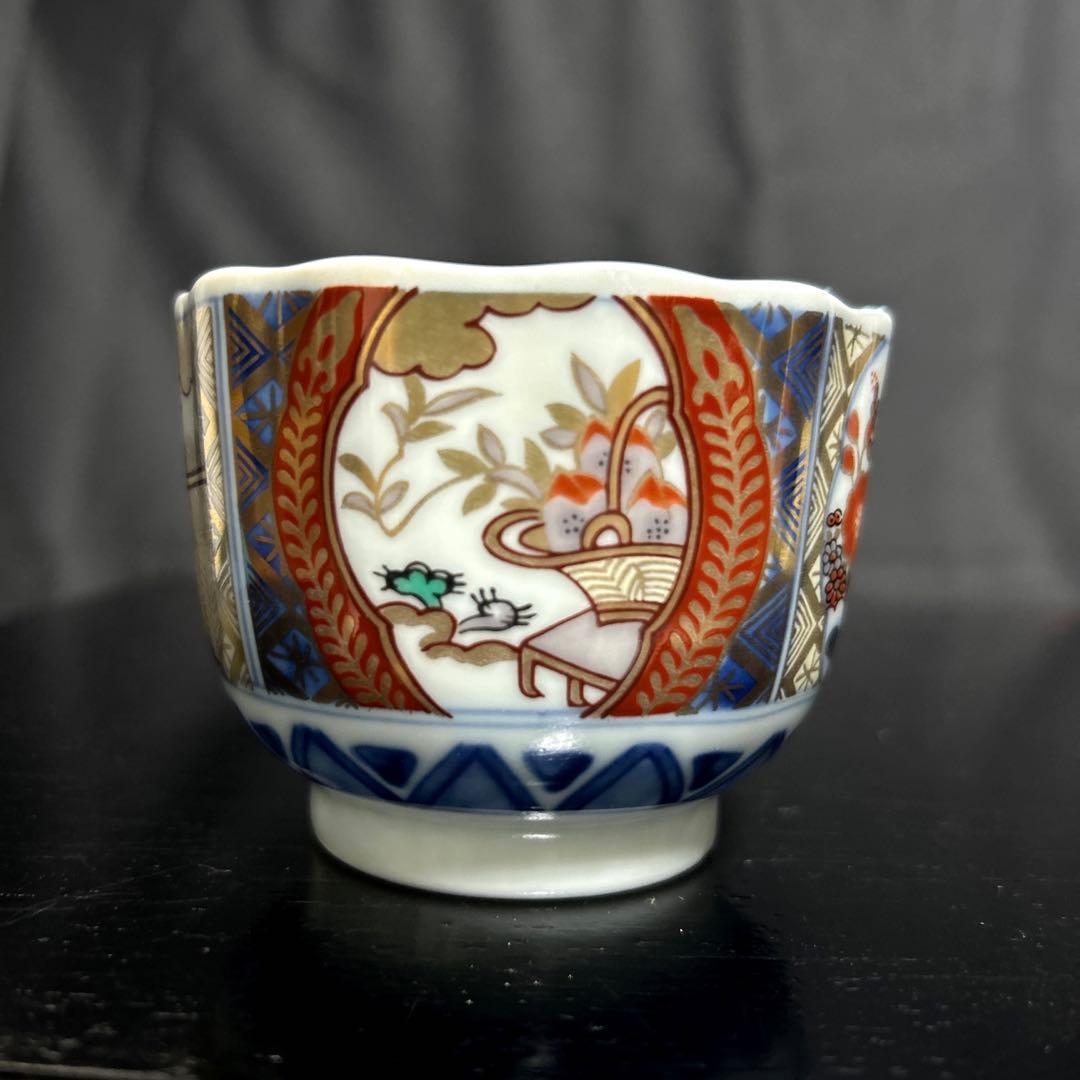 有田焼　龍峯窯　古伊万里　染付色絵金襴手　赤絵窓絵草花　小鉢　輪花鉢　蕎麦猪口