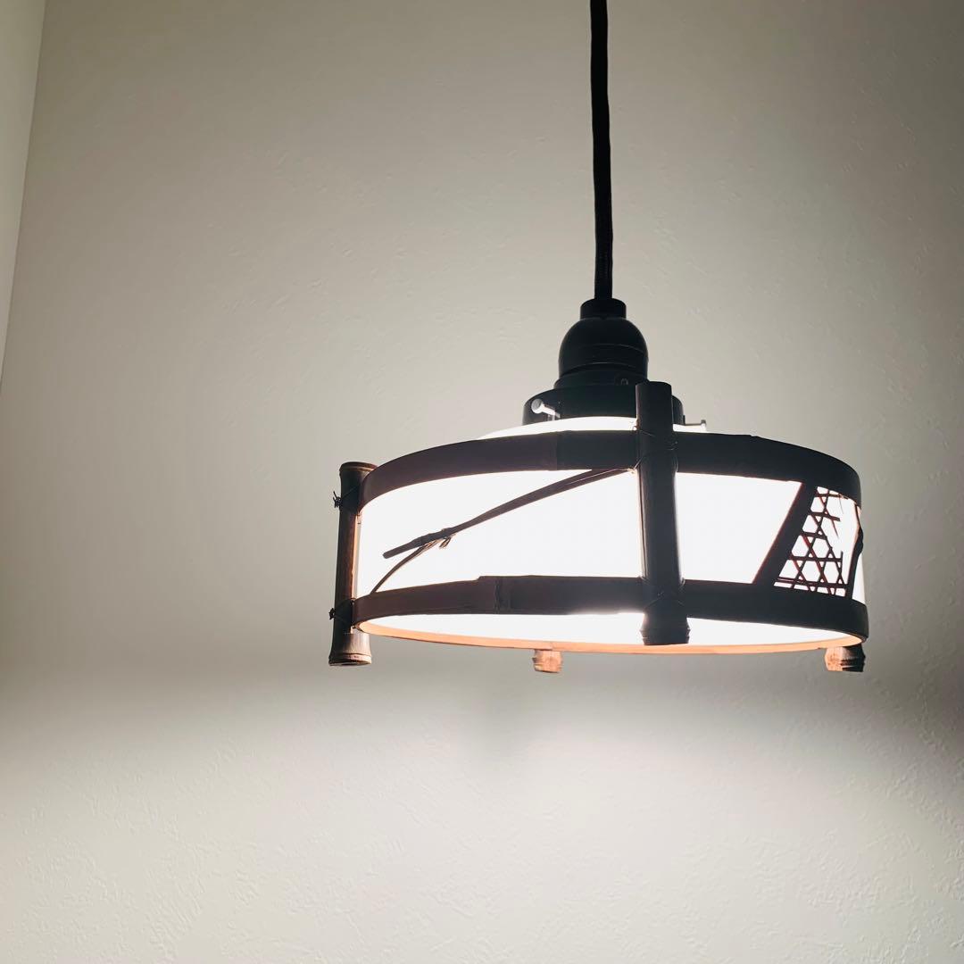 昭和レトロ 電笠 電傘 ガラスシェード 竹枠 竹細工 ペンダントライト 乳白色