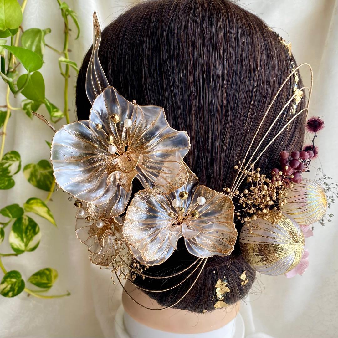 【きらめく胡蝶蘭】アメリカンフラワーの髪飾り　紫　パープル　金箔付　水引付　着物