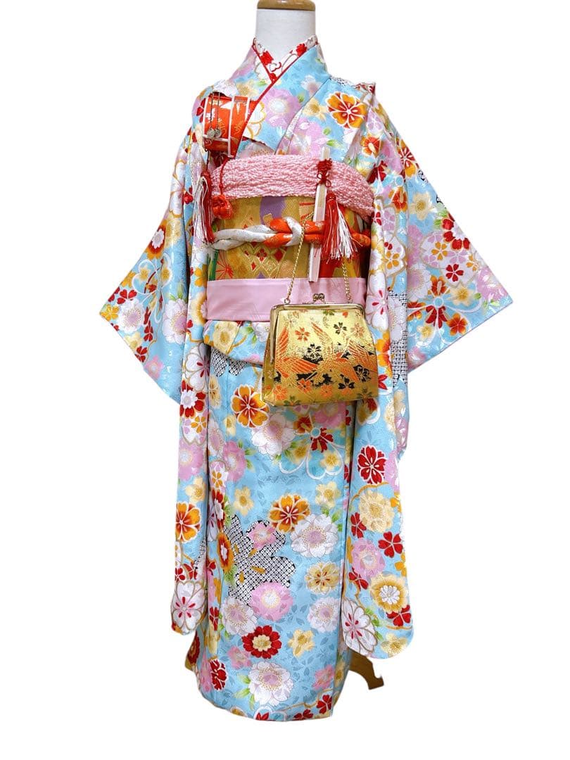 人気の水色♡七五三　7歳　フルセット　一式　総柄　ゴールド
