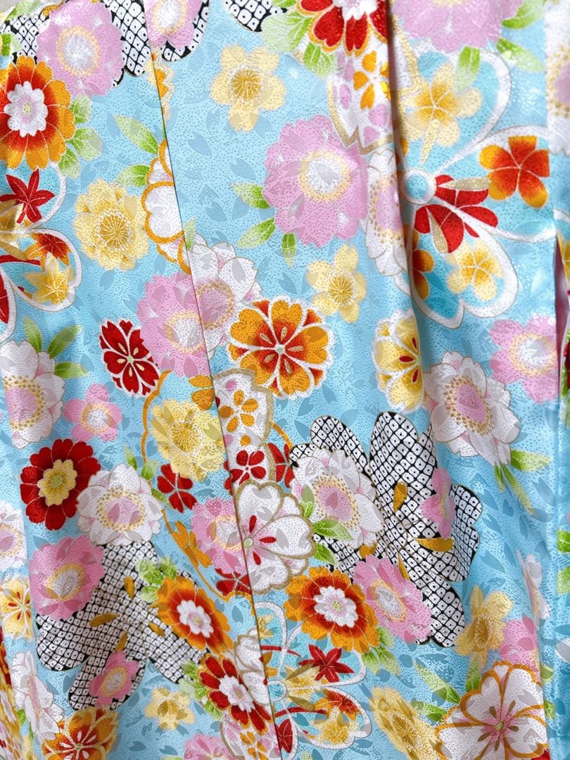 人気の水色♡七五三　7歳　フルセット　一式　総柄　ゴールド