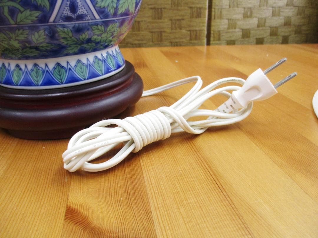 ★ 青華緑彩 陶器 木製 電気 スタンド ランプ 照明 ライト 電球 大型 花柄