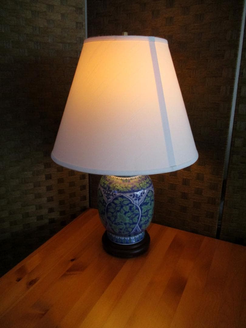 ★ 青華緑彩 陶器 木製 電気 スタンド ランプ 照明 ライト 電球 大型 花柄